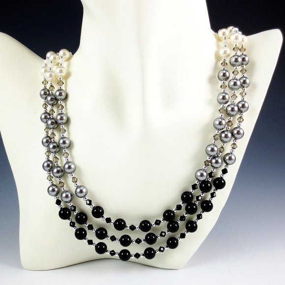 Jewelry - Crystal Pearl, Crystal, Sterling 3-Strand Necklace